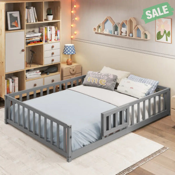 Montessori Bed Frame with Full-length Guardrails Safety Door and Latch-Gray Toddler Beds
