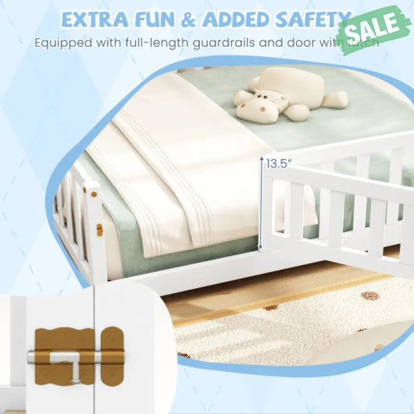 Montessori Bed Frame with Full-length Guardrails Safety Door and Latch-Gray White Toddler Beds