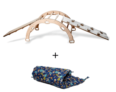 Montessori Climbing Arch Rocker with 2 ramps and pillow for toddlers, promoting active play and motor skills development.
