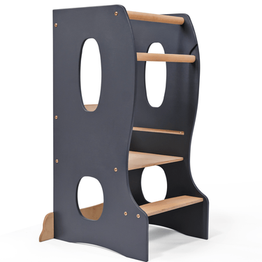 Stable Montessori Tower: Grey wooden growing chair for kids, ideal for vanities, tables, and chairs.