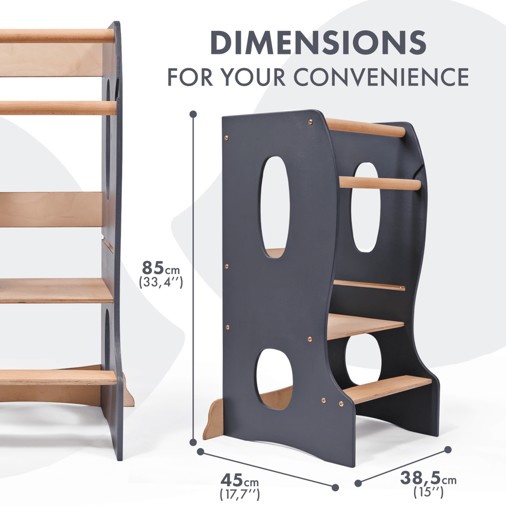 Stable Montessori Tower: Grey wooden growing chair for kids, ideal for vanities, tables, and chairs.
