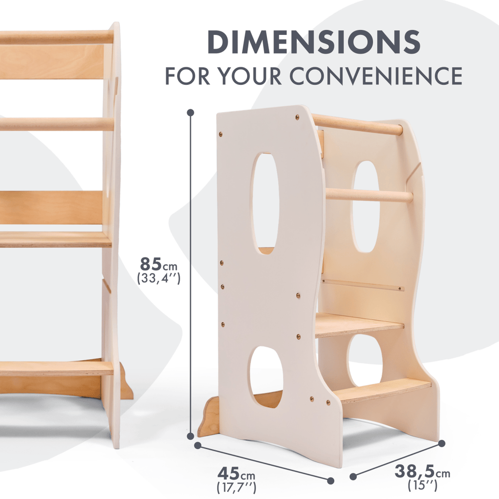 Ivory Stable Montessori Tower: Wooden Growing Chair for kids, perfect for vanities, tables, and chairs.