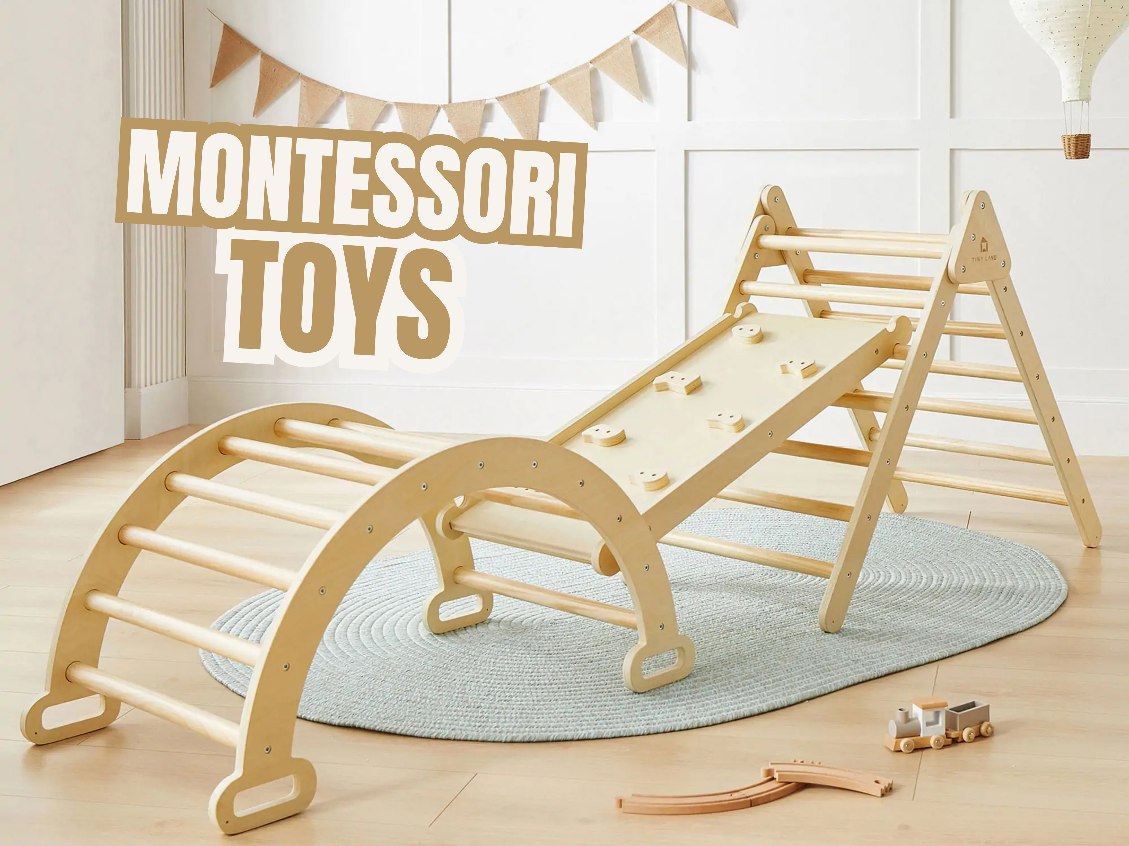 Wooden climbing toy with 'Montessori Toys' text in a room setting.