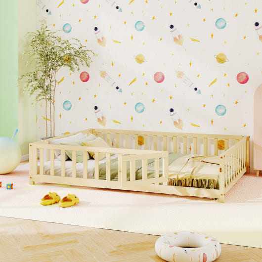 Montessori bed frame with full-length guardrails, safety door, and latch in natural wood for toddlers.