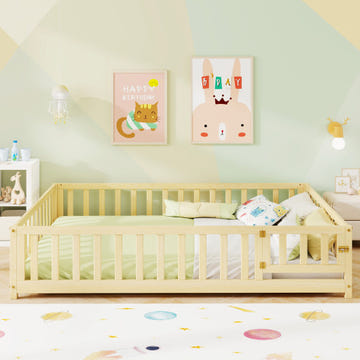 Montessori Bed Frame with Full-length Guardrails Safety Door and Latch for Kids