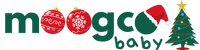 Mogoo Baby logo with Christmas-themed elements on a green background