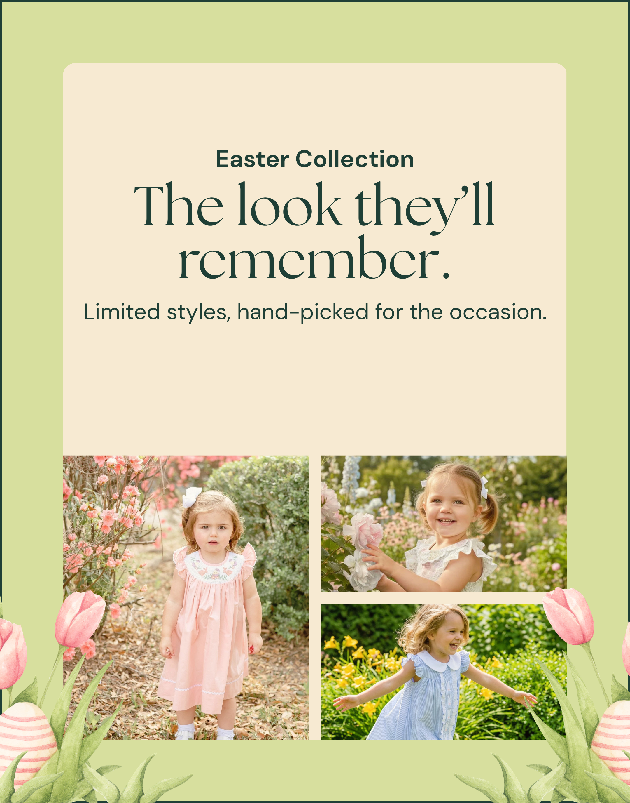 Advertisement for Easter collection with children in dresses and flowers, on a light green background.