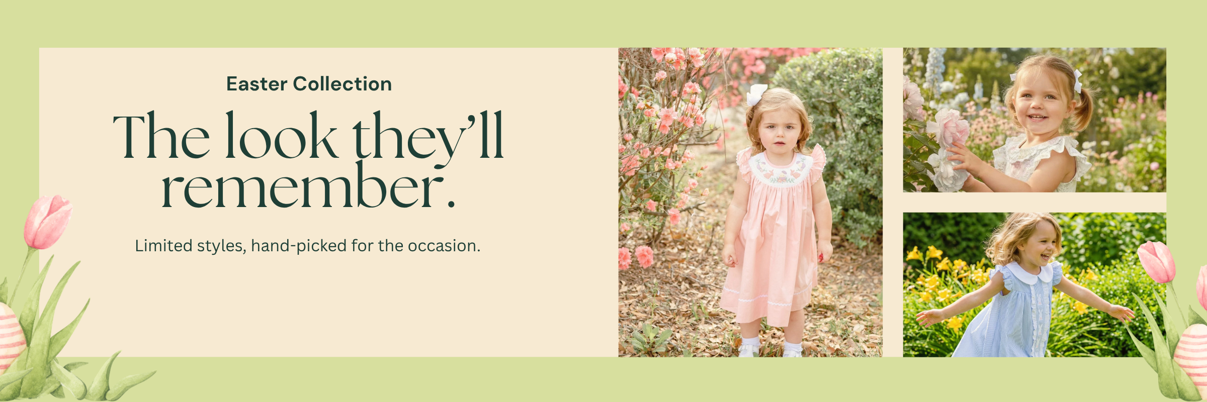 Easter Collection advertisement with children in dresses and floral background
