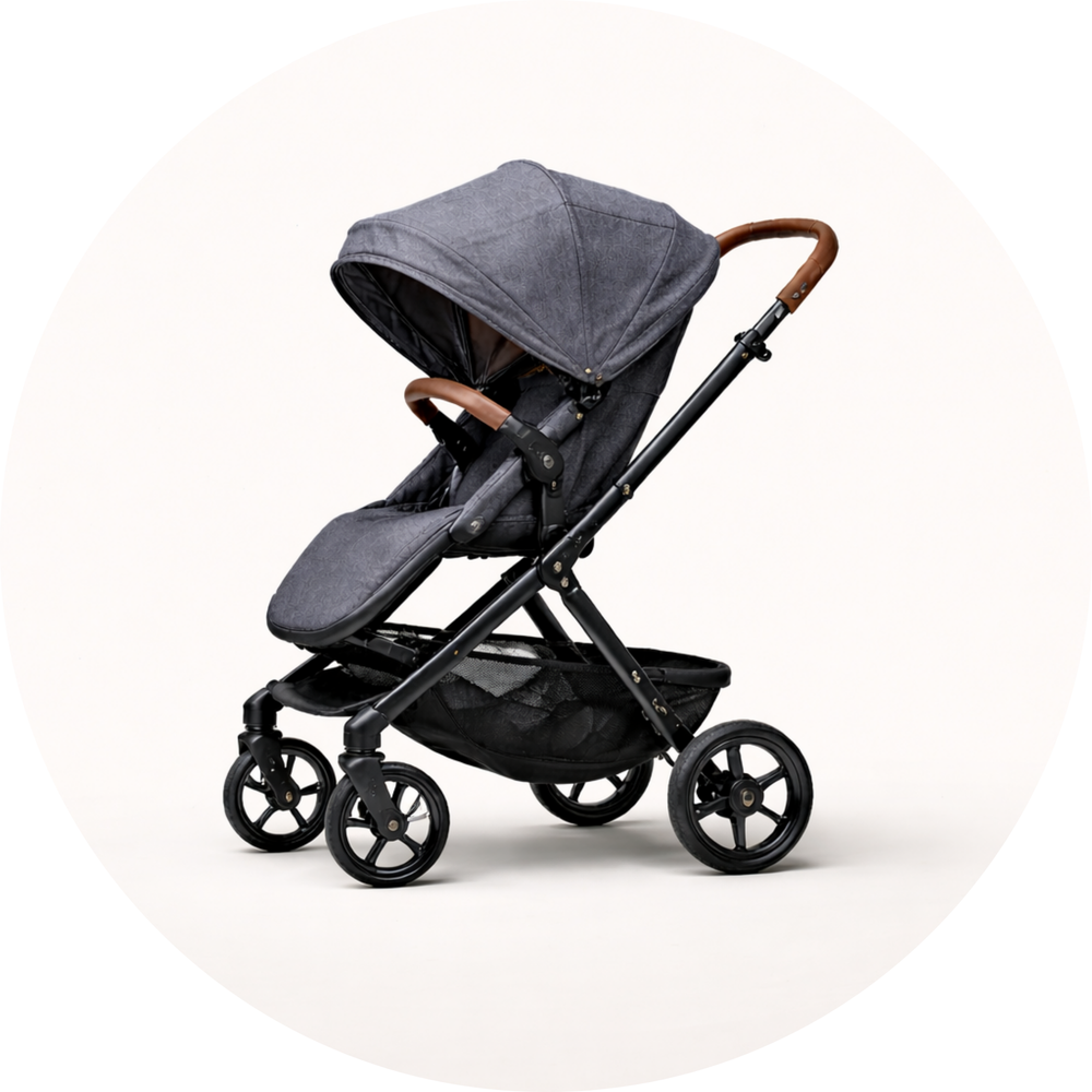Gray and black stroller with brown accents on a white background