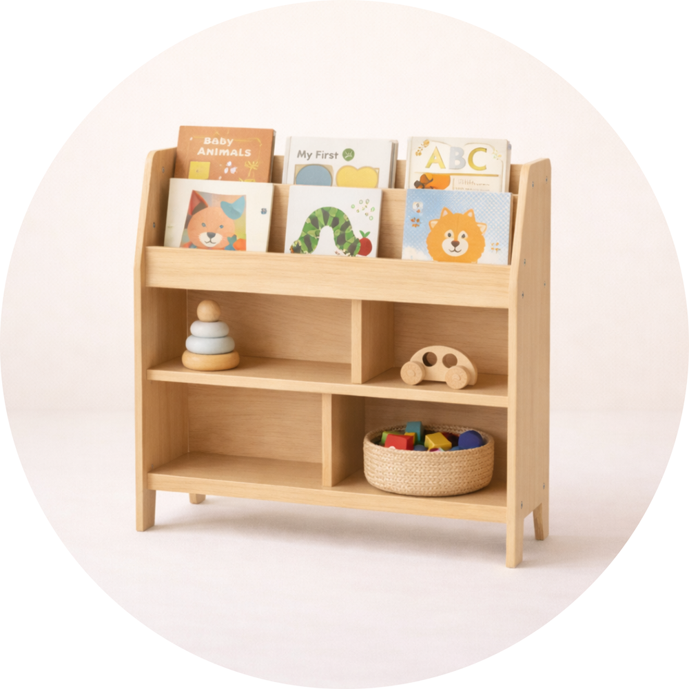 Wooden children's bookshelf with books and toys on a white background