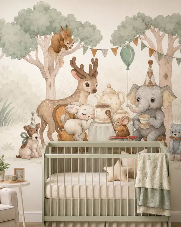 Woodland tea party wallpaper mural in a baby nursery with a sage green crib