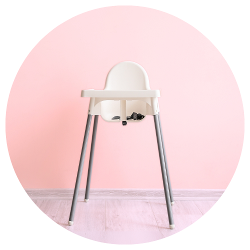Modern white baby high chair with safety strap and metal legs