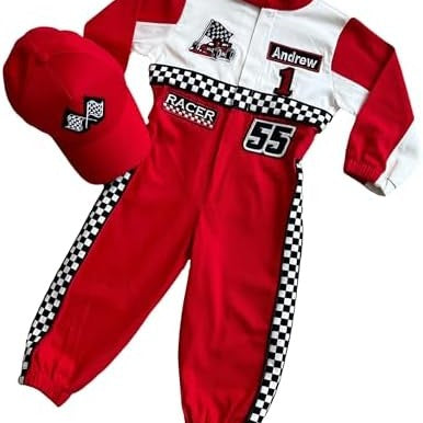 Handmade Race Car Driver Costume for Toddlers, Long Sleeve Racer Suit with Name and Number