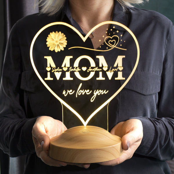 Mothers Day Gift, Mom Personalized Night Light, Heartshaped Custom 3D Lamp by Drn Gift Store