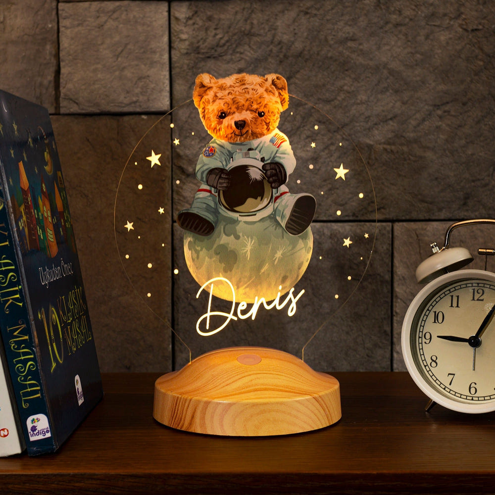 Personalized Teddy Bear Astronaut LED Night Light, Custom Nursery Decor by Drn Gift Store