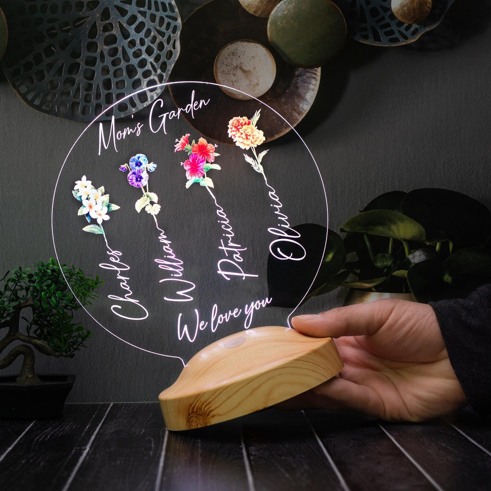 Personalized Mom's Garden Night Light, Custom Flower Led Lamp by Drn Gift Store