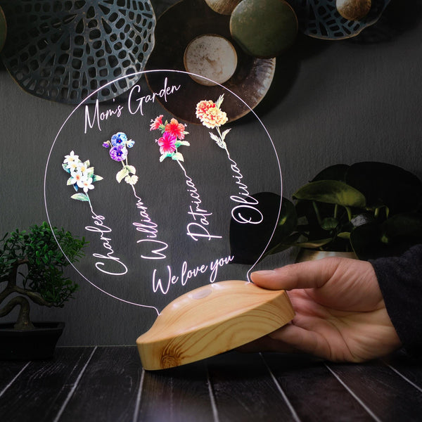 Personalized Mom's Garden Night Light, Custom Flower Led Lamp by Drn Gift Store