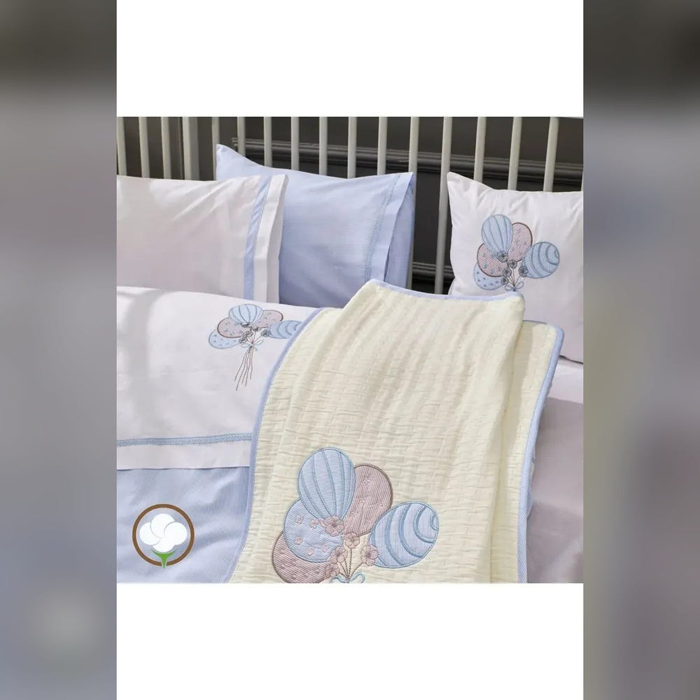 Balloon Embroidered Cotton Baby Duvet Cover Set, 4 Pieces