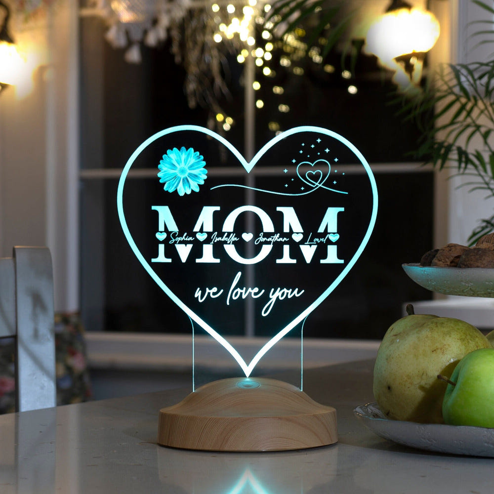 Mothers Day Gift, Mom Personalized Night Light, Heartshaped Custom 3D Lamp by Drn Gift Store