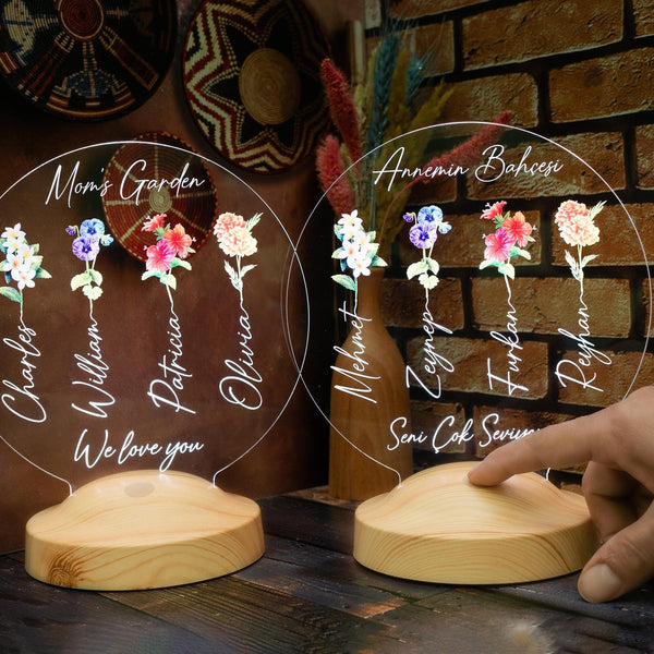 Personalized Mom's Garden Night Light, Custom Flower Led Lamp by Drn Gift Store