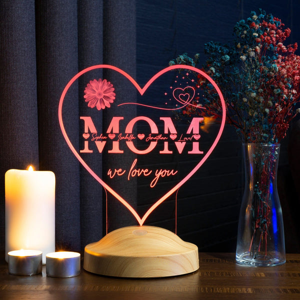 Mothers Day Gift, Mom Personalized Night Light, Heartshaped Custom 3D Lamp by Drn Gift Store