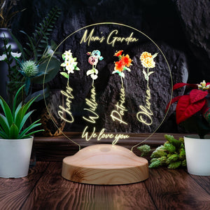 Personalized Mom's Garden Night Light, Custom Flower Led Lamp by Drn Gift Store