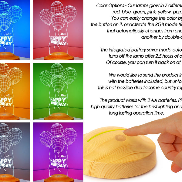 Personalized Balloon LED Lamp, Custom Birthday Night Light, Engraved Gift by Drn Gift Store