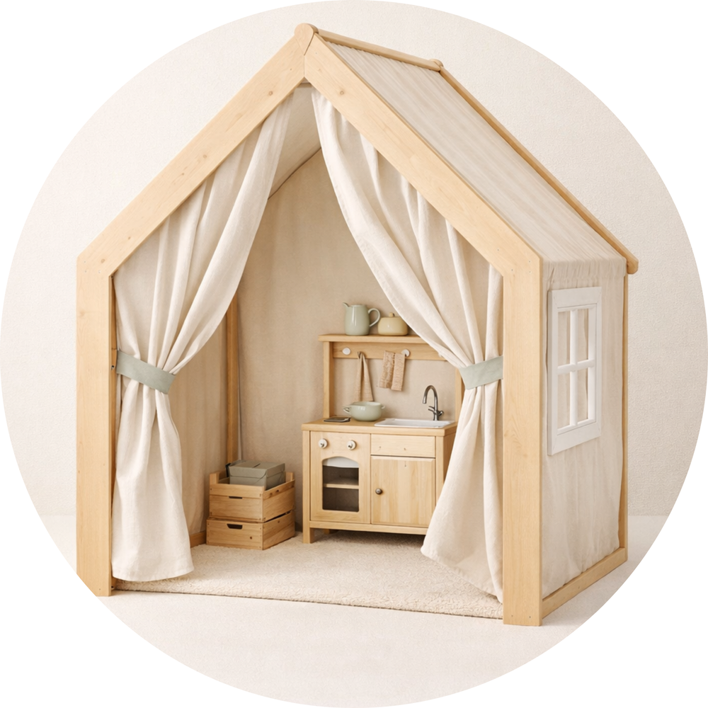 Children's playhouse with wooden furniture and curtains on a white background