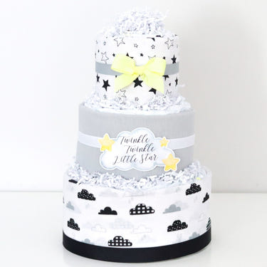 Moon Diaper Cake: Adorable baby shower gift made of diapers, decorated with moon and star accents.