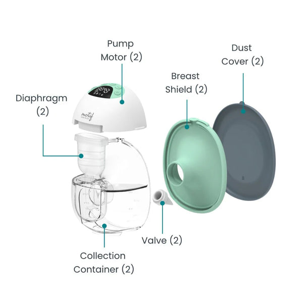 Motif Aura Glow Wearable Breast Pump in angle 3, showcasing its sleek design and portability for breastfeeding moms.