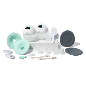 Motif Aura Glow Wearable Breast Pump at an angle, showcasing its sleek design and portability for breastfeeding moms.