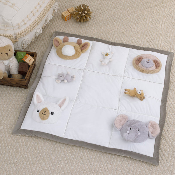 Playful Pals White, Tan, and Gray Four 3D Animals With Crinkle Plush Tummy Time Play Mat - Sloth, Llama, Elephant, and Giraffe