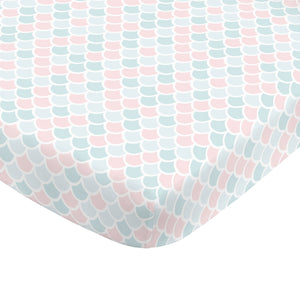 Sugar Reef Mermaid 4 Piece Nursery Crib Bedding Set - Appliqued Round Play Quilt, 100% Cotton Fitted Crib Sheet, Shirred Crib Skirt with 16" Drop, Nursery Organizer