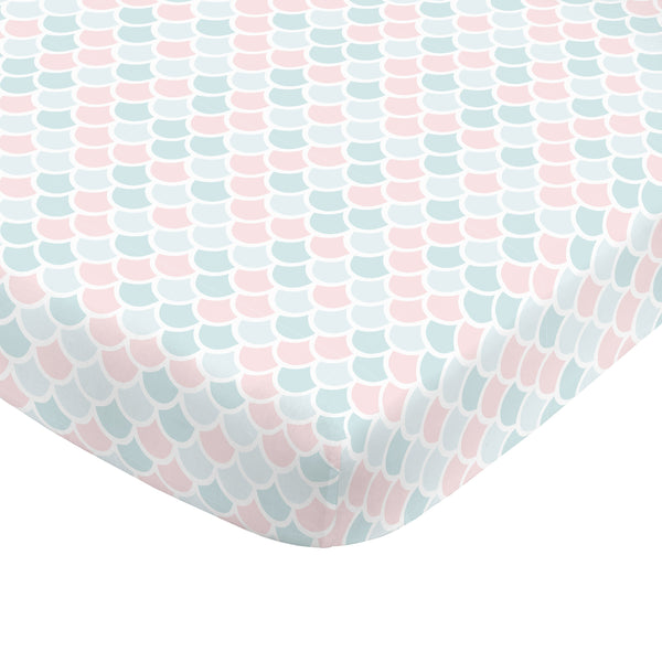 Sugar Reef Mermaid 4 Piece Nursery Crib Bedding Set - Appliqued Round Play Quilt, 100% Cotton Fitted Crib Sheet, Shirred Crib Skirt with 16" Drop, Nursery Organizer
