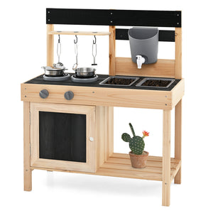 Mud Kitchen Playset Kids Play Kitchen Outdoor with 2 Removable Sinks-Natural