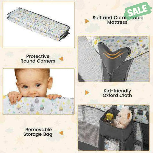 Multi-Functional Baby Playpen with Mattress and Removable Changing Table-Beige Gray Baby Playpen & Playards