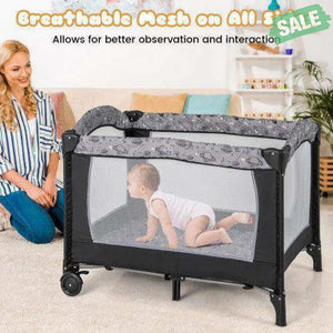 Multi-Functional Baby Playpen with Mattress and Removable Changing Table-Beige Gray Baby Playpen & Playards