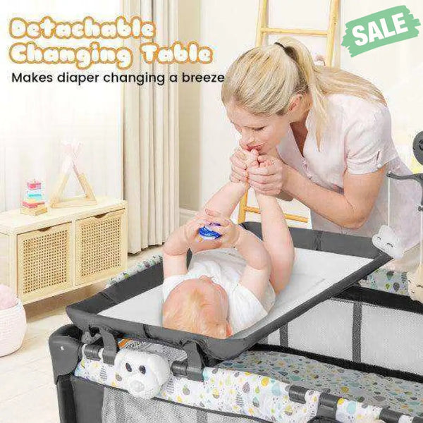 Multi-Functional Baby Playpen with Mattress and Removable Changing Table-Beige Gray Baby Playpen & Playards