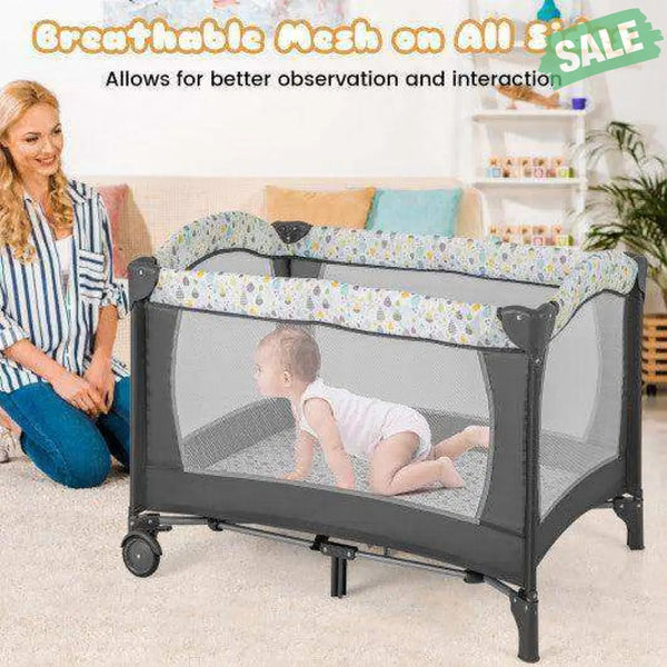 Multi-Functional Baby Playpen with Mattress and Removable Changing Table-Beige Gray Baby Playpen & Playards