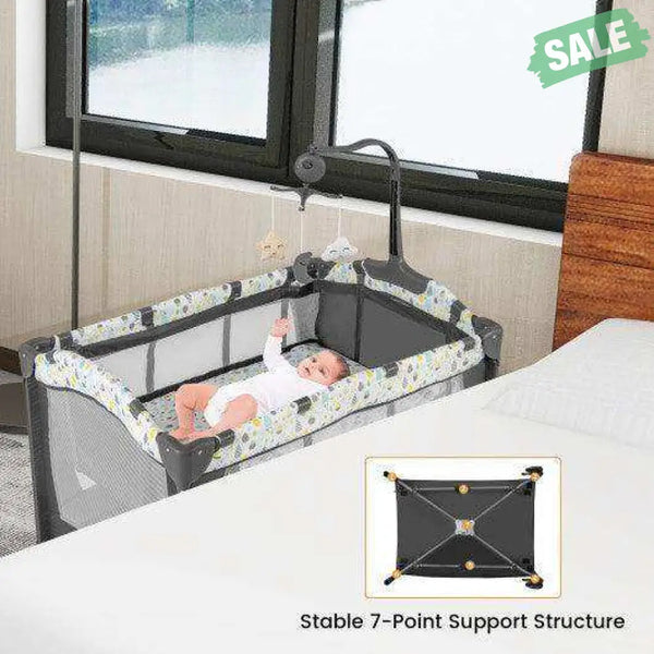 Multi-Functional Baby Playpen with Mattress and Removable Changing Table-Beige Gray Baby Playpen & Playards
