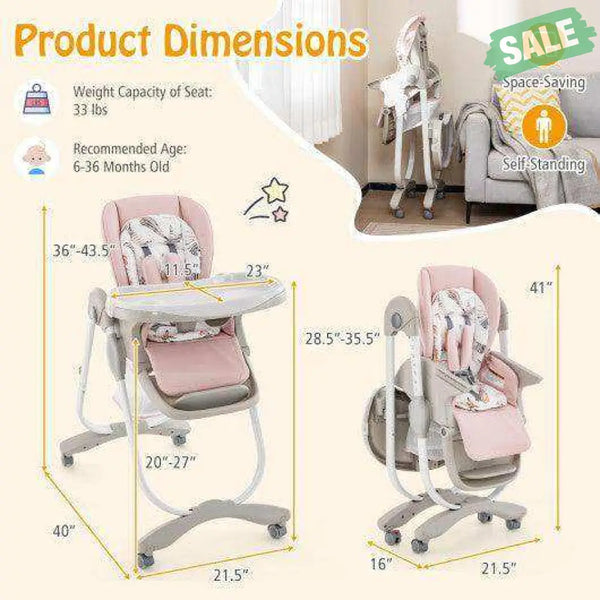 Multifunctional Folding Baby High Chair with Rolling Wheels and Adjustable Height-Pink White High Chairs
