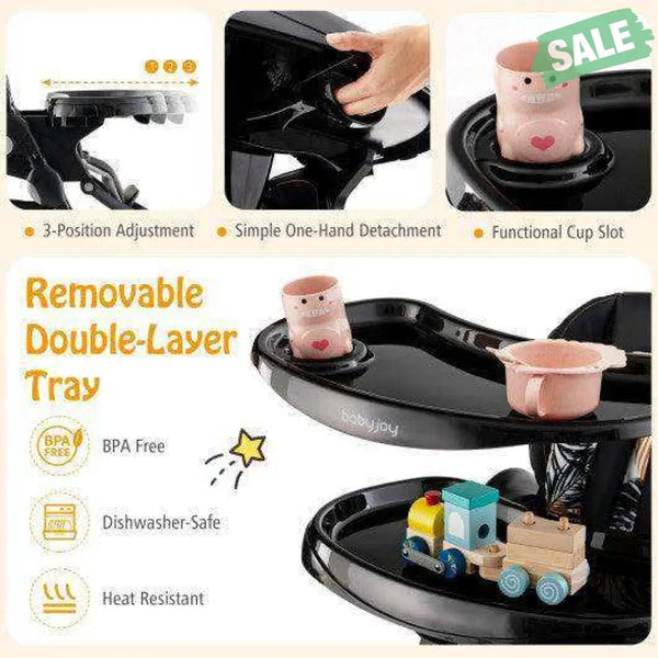 Multifunctional Folding Baby High Chair with Rolling Wheels and Adjustable Height-Pink White High Chairs