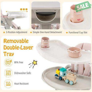 Multifunctional Folding Baby High Chair with Rolling Wheels and Adjustable Height-Pink White High Chairs