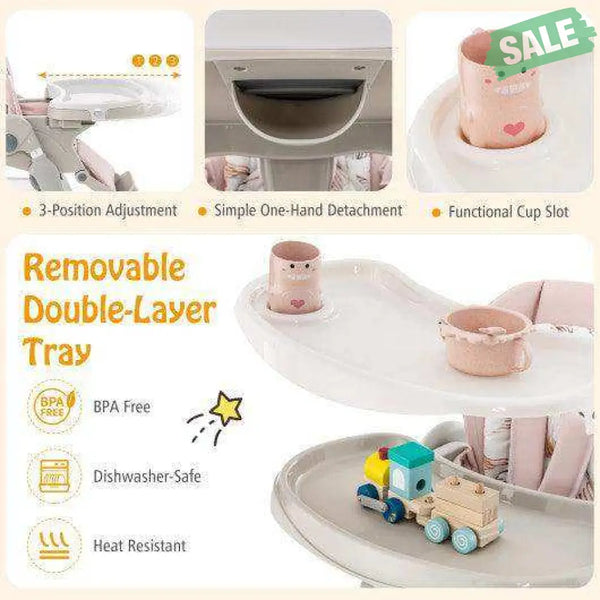 Multifunctional Folding Baby High Chair with Rolling Wheels and Adjustable Height-Pink White High Chairs