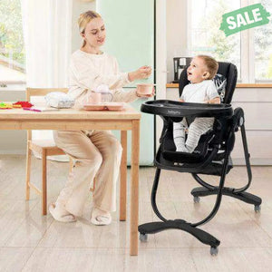 Multifunctional Folding Baby High Chair with Rolling Wheels and Adjustable Height-Pink White High Chairs