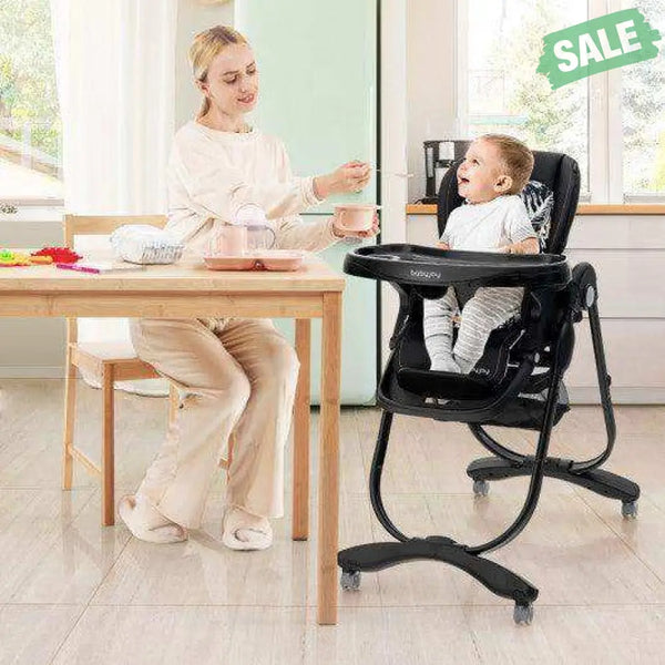 Multifunctional Folding Baby High Chair with Rolling Wheels and Adjustable Height-Pink White High Chairs