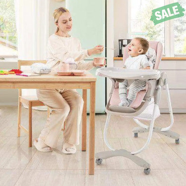 Multifunctional Folding Baby High Chair with Rolling Wheels and Adjustable Height-Pink White High Chairs