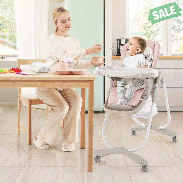 Multifunctional Folding Baby High Chair with Rolling Wheels and Adjustable Height-Pink White High Chairs