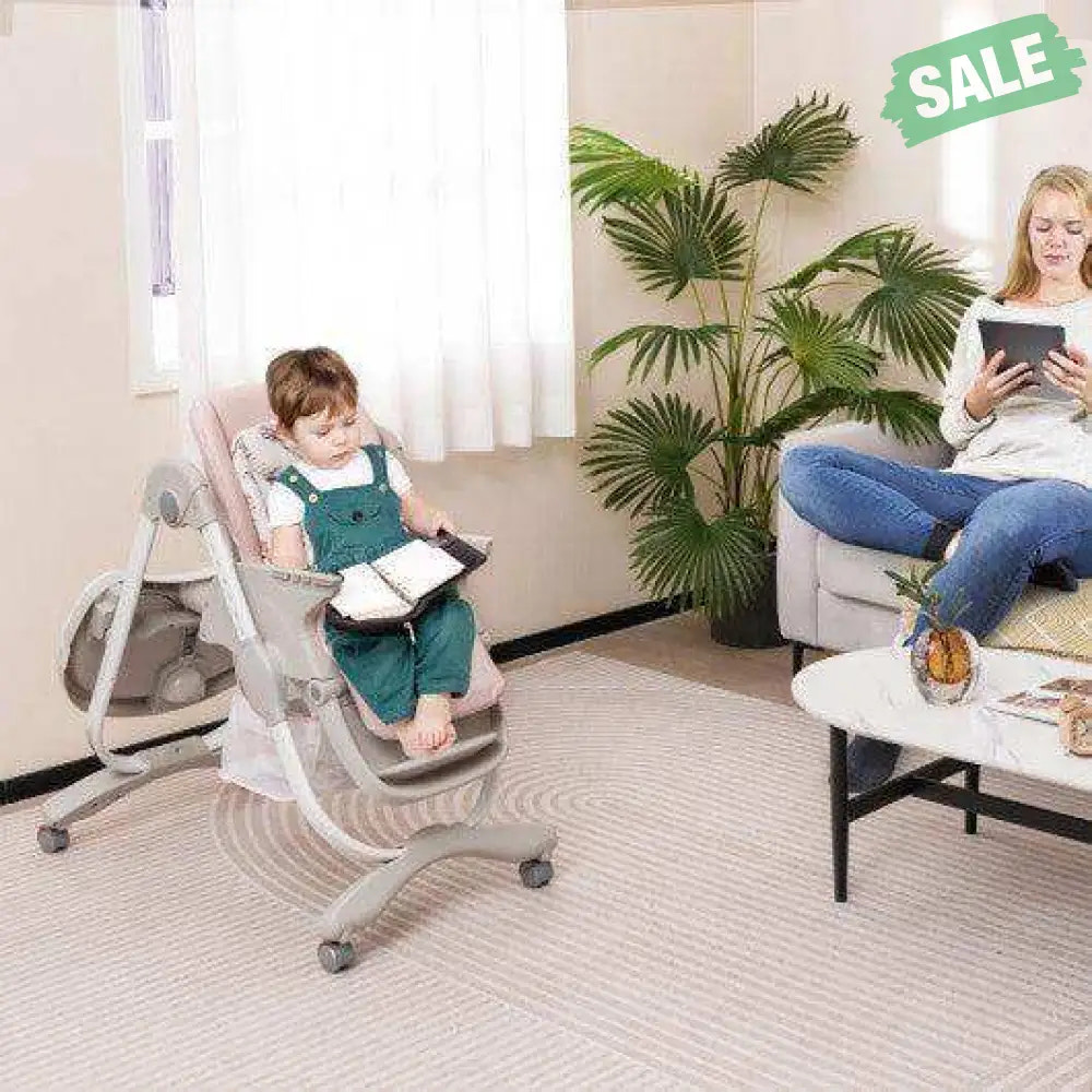 Multifunctional Folding Baby High Chair with Rolling Wheels and Adjustable Height-Pink White High Chairs