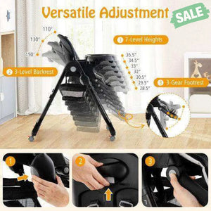 Multifunctional Folding Baby High Chair with Rolling Wheels and Adjustable Height-Pink White High Chairs